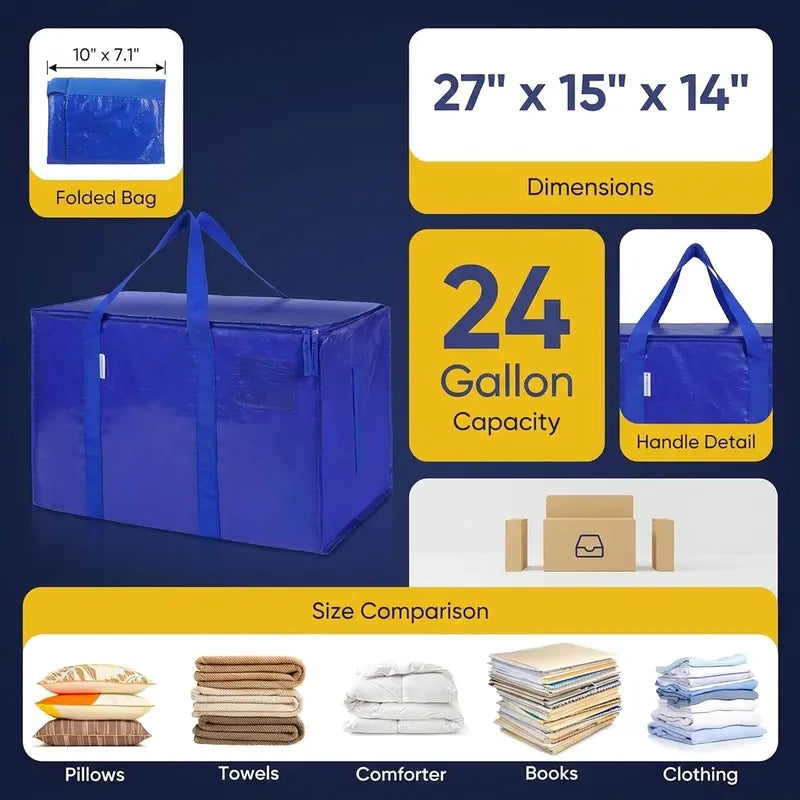 Extra-Large Foldable Moving Bags with Full-Zip Top, Reinforced Handles & Label Pockets